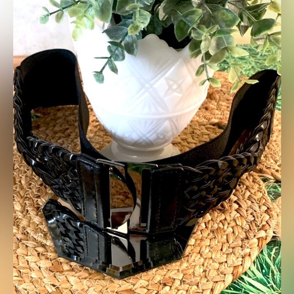 Black woven belt with gun metal buckle, medium, large, X large EUC